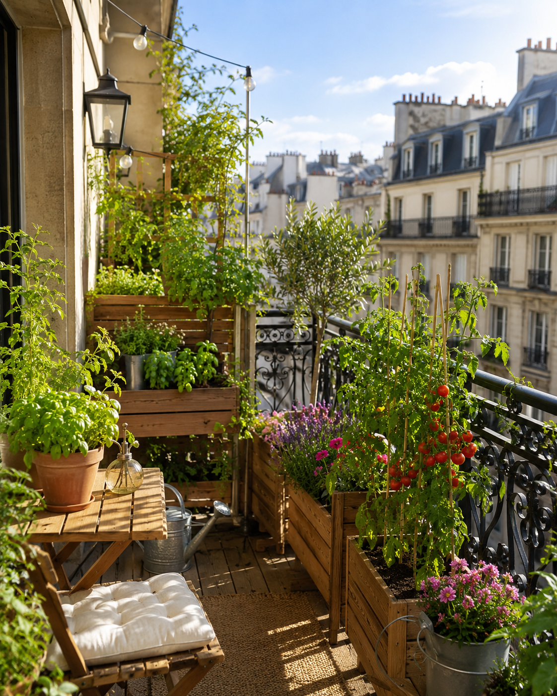 Balcon parisien ensoleillé et fleuri