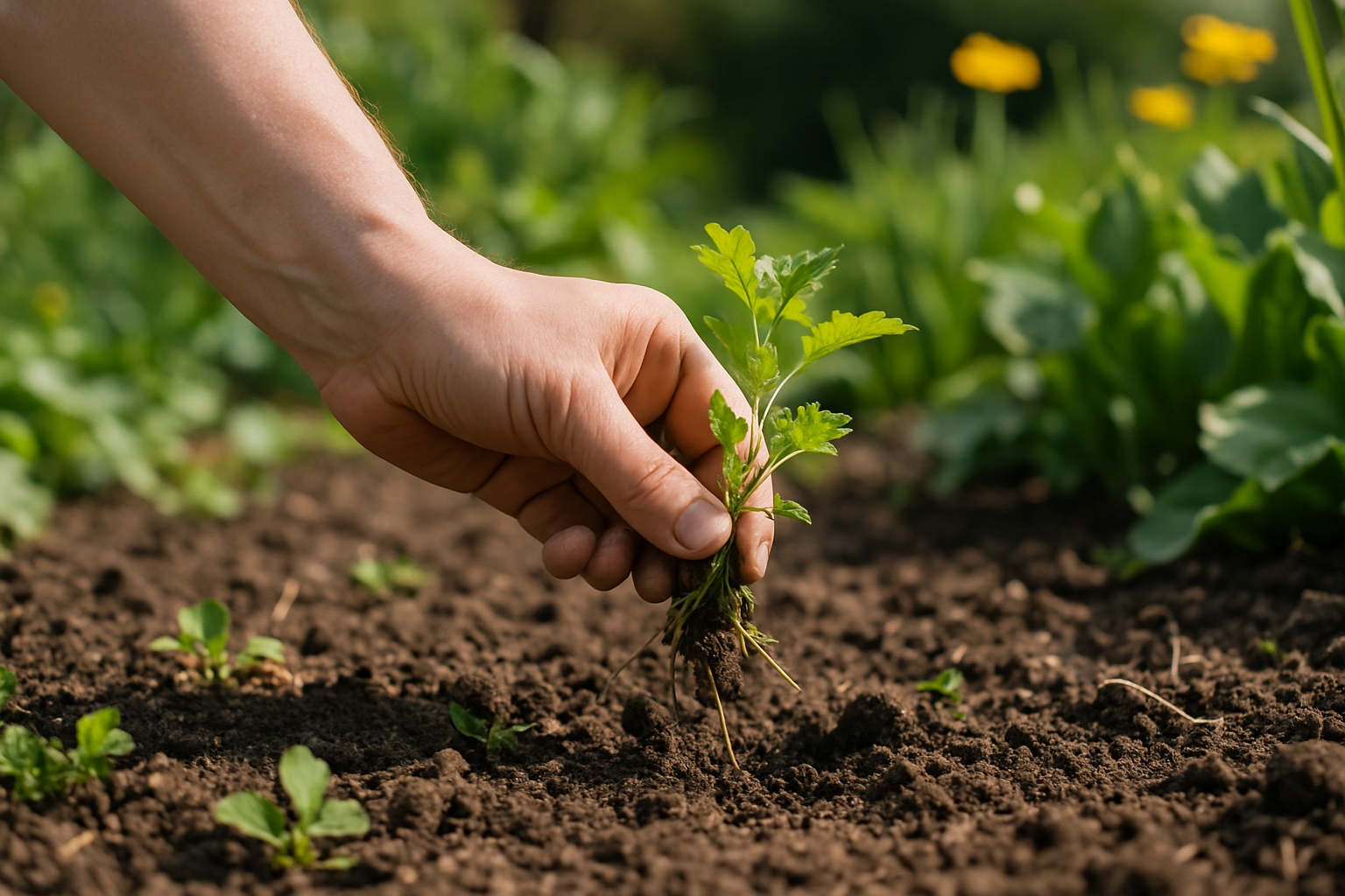 Comment désherber son jardin : arrachage manuel des mauvaises herbes dans un massif