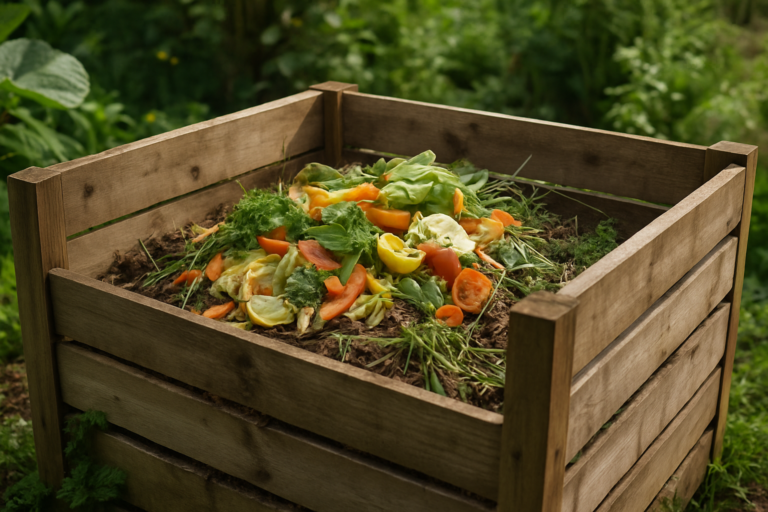 Comment faire du compost maison : bac à compost en bois dans un jardin potager