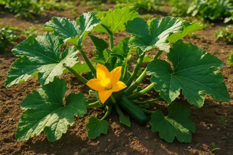 Comment planter des courgettes : plant de courgette fleuri dans un potager ensoleillé
