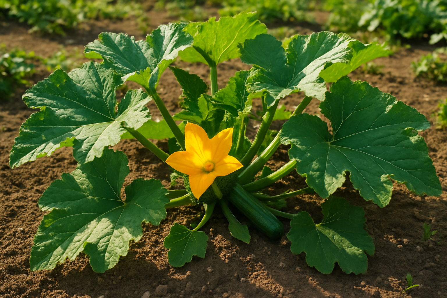 Comment planter des courgettes : plant de courgette fleuri dans un potager ensoleillé