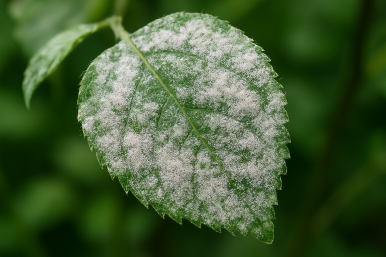 Oïdium sur plante : feuille recouverte de poudre blanche caractéristique de ce champignon