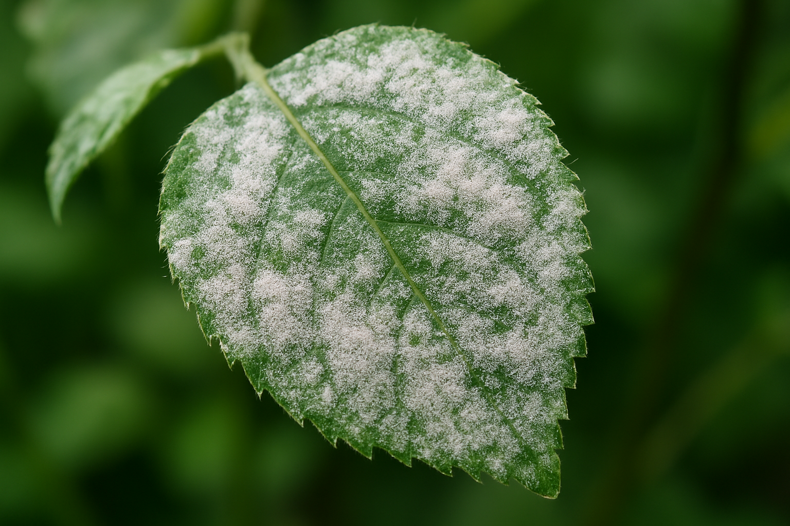 Oïdium sur plante : feuille recouverte de poudre blanche caractéristique de ce champignon